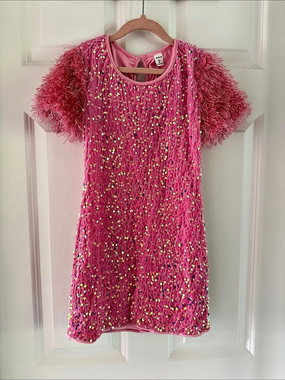 SHEIN Girls Pink Iridescent Sequin Fuzzy Sleeve Party Dress Size 8